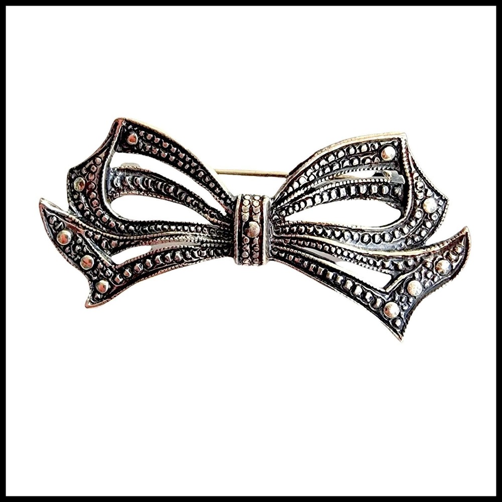 Vintage Sterling Silver Texturized Dots Bow Holiday Brooch Pin
